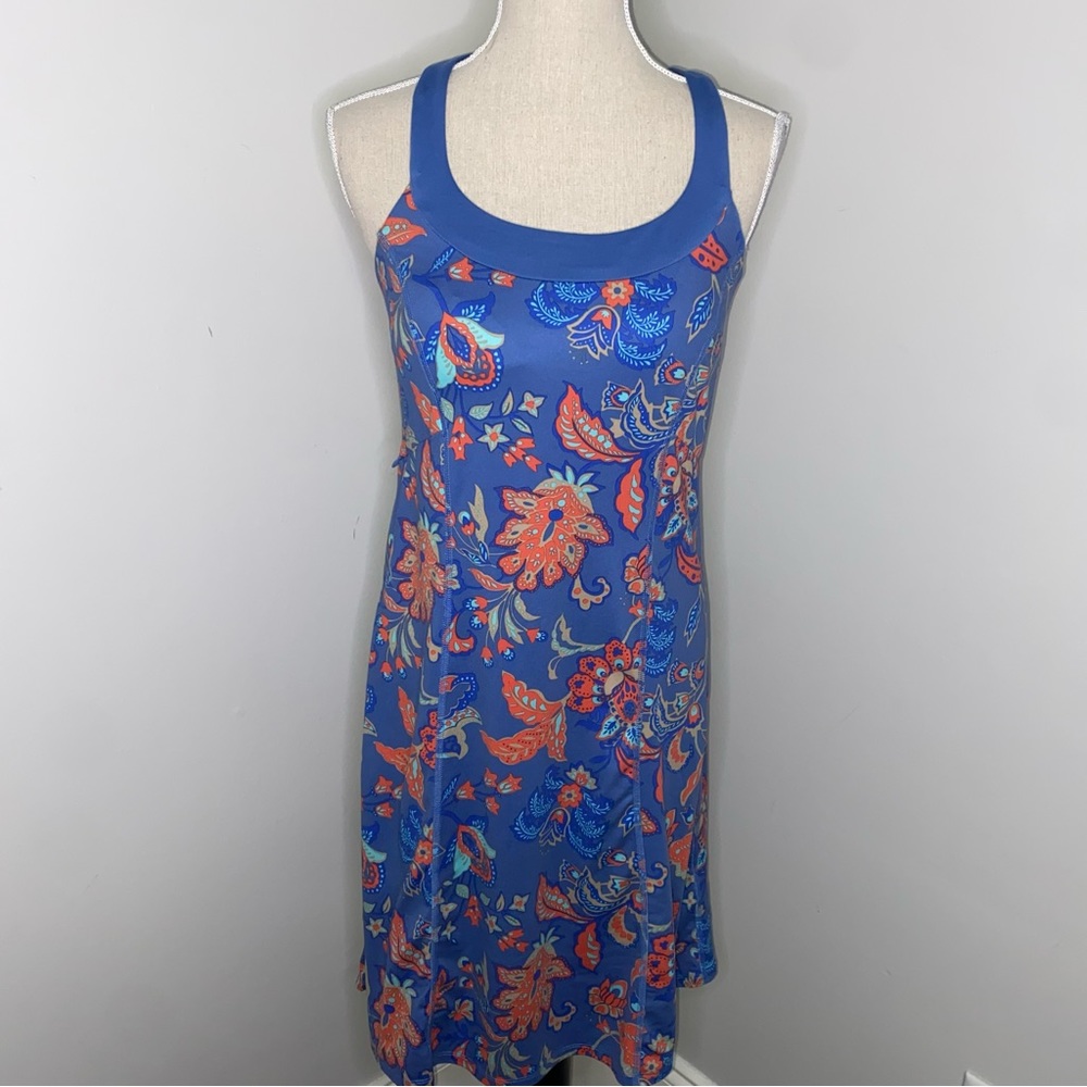 The North Face blue & orange floral knit strappy dress w/ bra size Medium